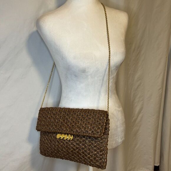 RODO Vintage Brown Designer Straw Woven Clutch Purse Chain Strap Womens - Picture 1 of 9